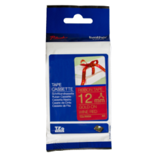 Brother TZE-RW34 dekoratīva auduma lente, zelta burti uz sarkana , 12mm x 4 metri